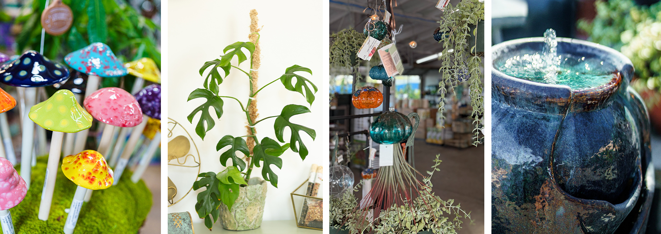 A asian-inspired stone scultpure, colorful ceramic shroomyz (mushrooms), a ceramic gazing ball with flower pattern, and a blue ceramic fountain.