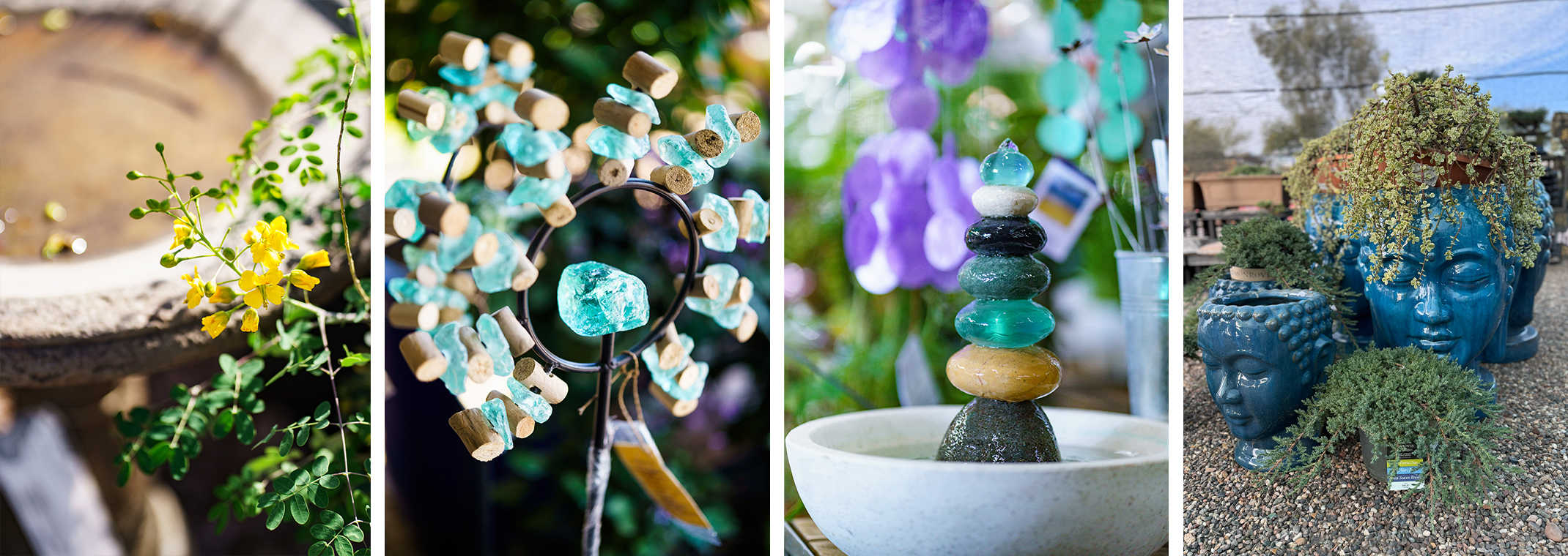 A stone birdbath; a wood, metal and glass sculpture, a Talavera sculpture of a person resting with a hat on, and a variety of wind chimes.