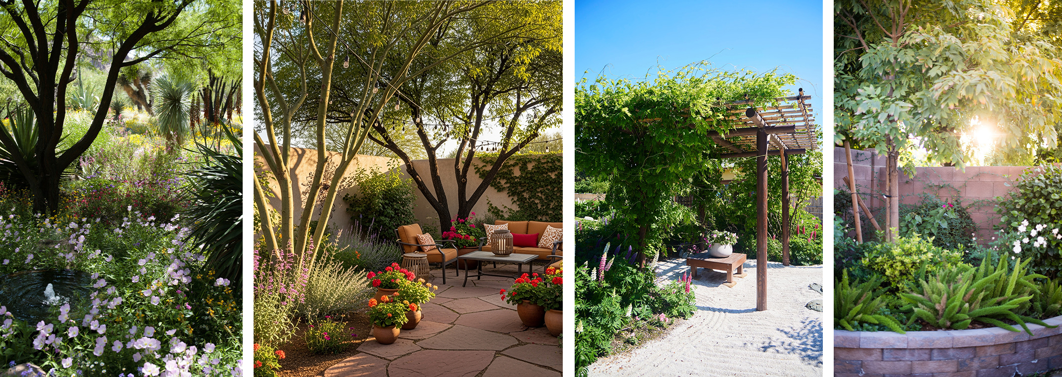 4 images of different microclimates: trees, flowers and shrubs; a walled backyard with seating trees, shrubs, and potted flowers; a pergola with vine growing above and flowers and trees nearby; and a raised garden with shrubs, flowers and trees.