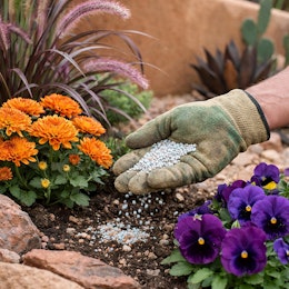A closeup of someone wearing a glove and fertilizing fall flowers in a Southwest garden.