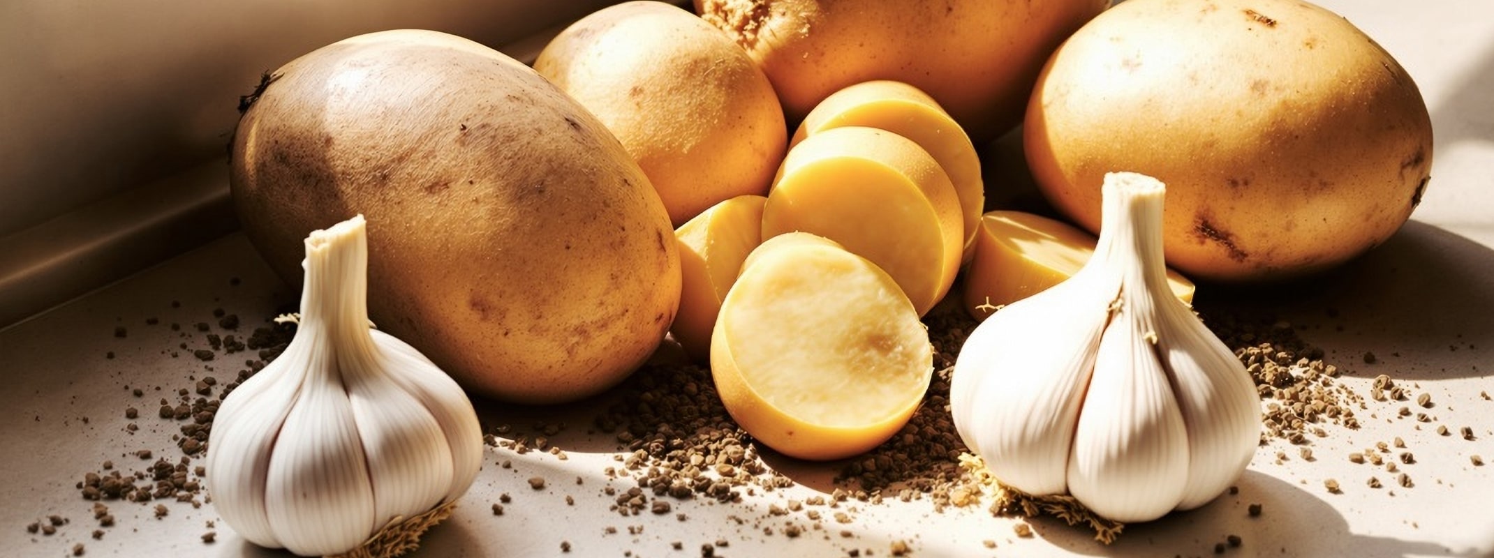 russet burbank and california garlic raw on counter