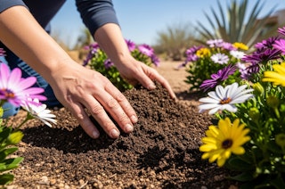 A closeup of someone adding top soil to a flower garden bed in a Southwest garden.