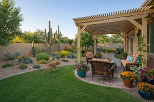 A Southwest backyard with fruit trees, desert plants surrounded by small rock mulch, a dog on a small lawn, covered stone patio with seating and potted plants.
