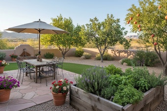 A Southwest backyard with a stone patio with a table, seating and umbrella, potted flowers, a raised bed vegetable garden, and a small patch of grass, and fruit trees in the background surrounded by small pebble mulch.