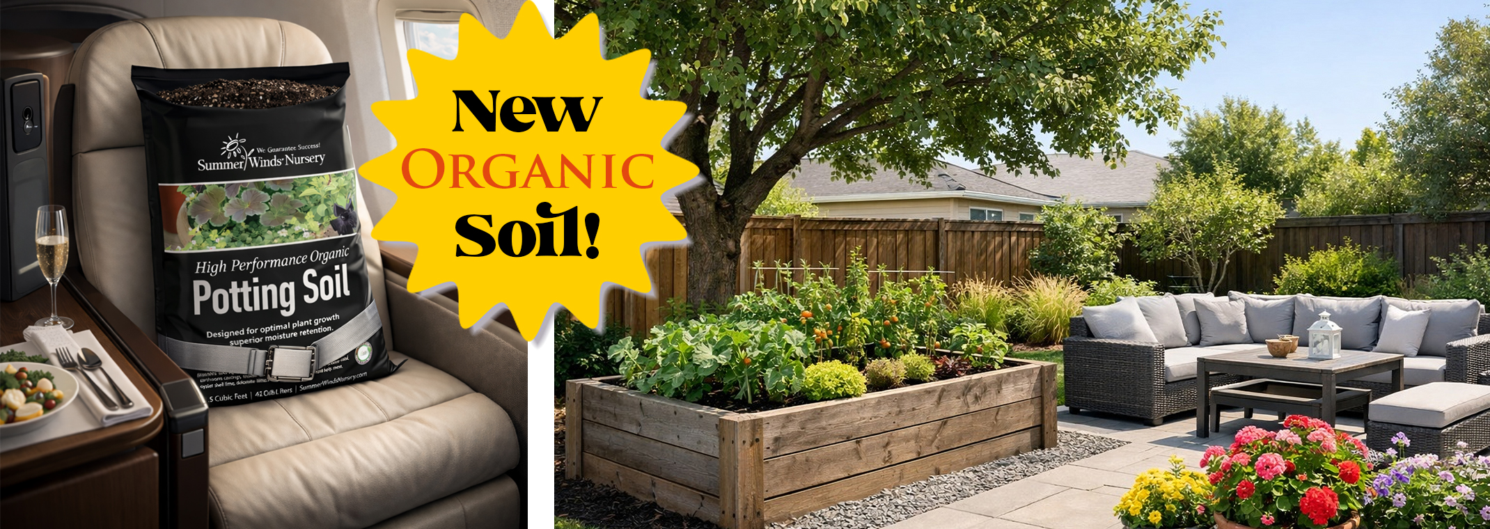 Two images: one of a bag of SummerWinds High Performance Potting Soil sitting in a first class seat on an airplane, a yellow burst that says New Organic Soil and another picture of backyard with a large shade tree, a raised vegetable garden, a seating area, some ornamental grasses, and some potted flowers.