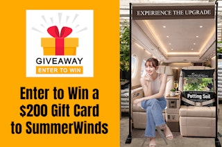 A graphic of a gift that says Giveaway - Enter to Win, along with the text that says Enter to Win a $200 Gift Card to SummerWinds and a photo of a selfie station that's a picture of a first class airline cabin with SummerWinds High Performance Potting Soil in one seat, and a woman in the other seat, with the text Experience the Upgrade above it.