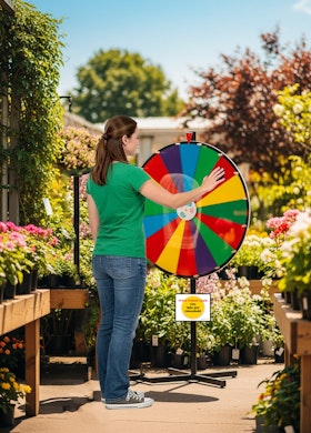 A man standing in front of a colorful prize spin wheel at SummerWinds Nursery.