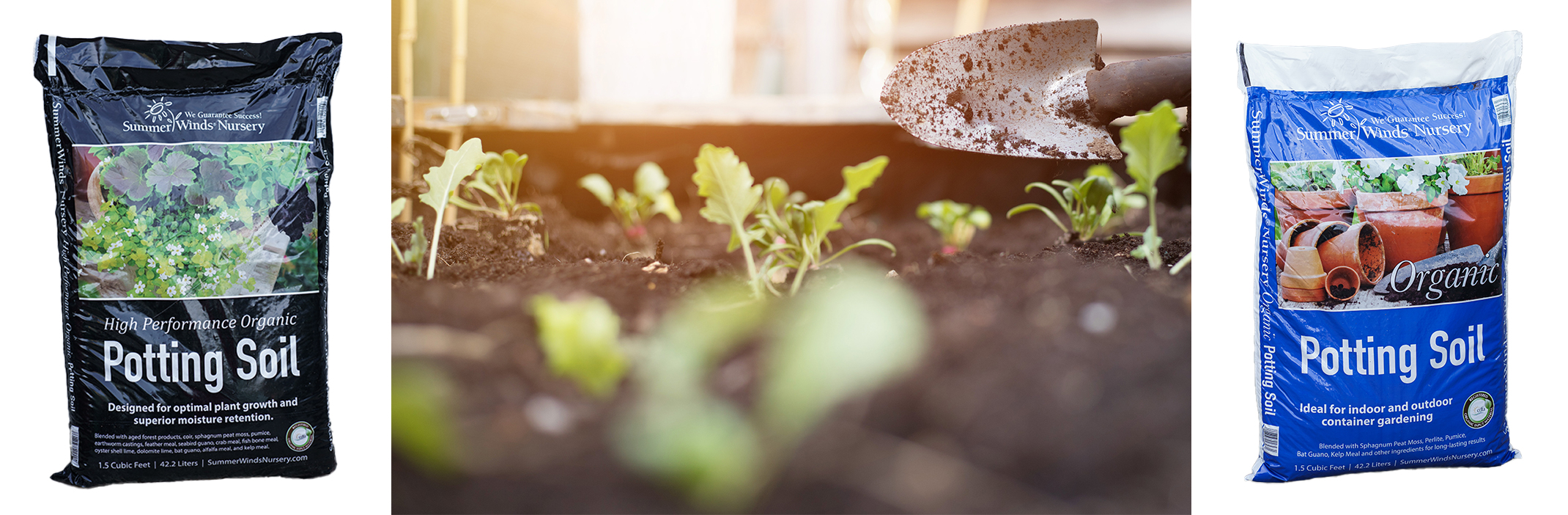 A bag of SummerWinds Nursery High Performance Organic Potting Soil, a closeup of vegetables growing in a raised garden bed with a hand shovel in the background, and a pot of SummerWinds Nursery Organic Potting Soil.