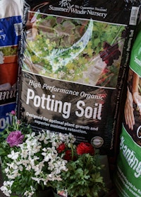 A closeup of a bag of SummerWinds Nursery High Performance Organic Potting Soil with some flowers in the foreground.