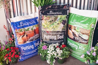 Three bags of SummerWinds Nursery soils: Organic Potting Soil, High Performance Organic Potting Soil, and Organic Planting mix, surrounded by a variety of plants and against a corrugated metal wall.