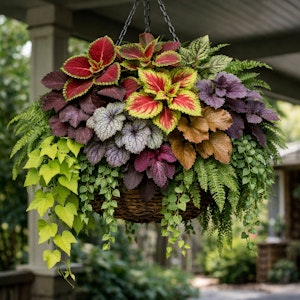 A bold foliage statement hanging basket hanging in a shady space on the front porch.