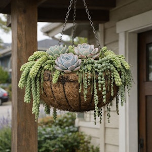 Drought tolerant succulent hanging basket near front door.