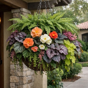 Lush low maintenance shade basket hanging outside home.