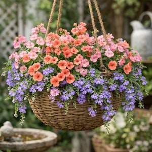 Soft cottage charm hanging basket hanging in yard with birdbath in the background.
