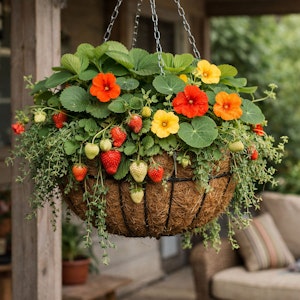 The edible hanging garden hanging basket on the back porch hanging.