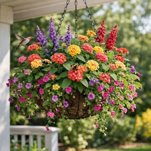 Pollinator paradise hanging basket with hummingbird feeding from salvia on porch.