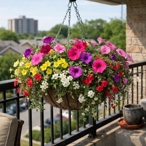 A sun loving color burst hanging basket with assorted flowers hanging on the balcony.