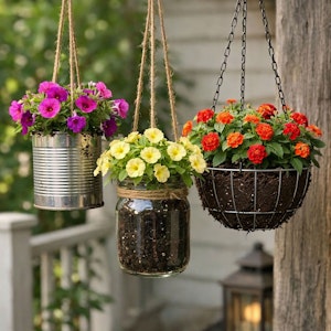 Three hanging baskets, one in a tin can with pink petunias, yellow calibrachoa flowers planted in a jar in the middle and a hanging basket with red and orange lantana in a wire hanging basket all hanging out near a home.