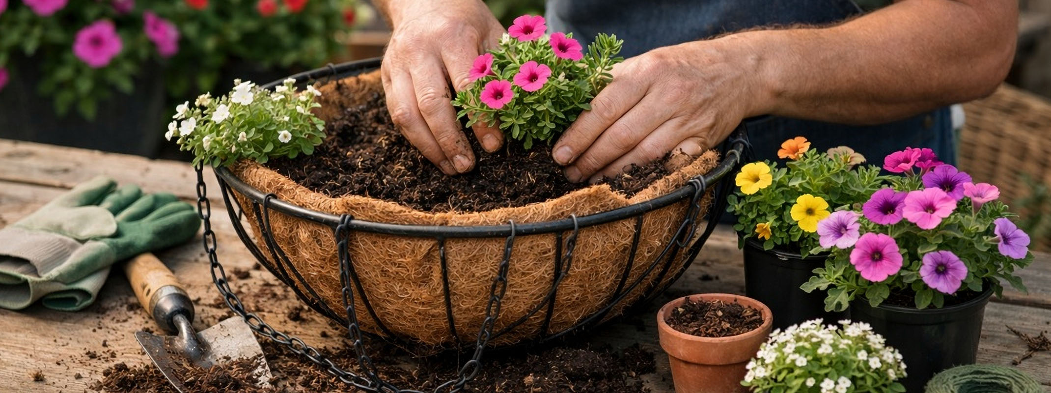 A person planting up a hanging basket with calibrachoa and allysum.