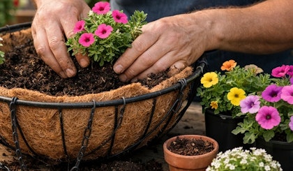 A person planting up a hanging basket with calibrachoa and allysum.