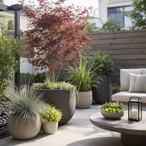 Small space garden with patio furniture and potted plants filling the space, including a potted japanese maple.