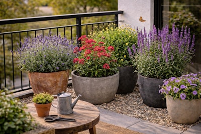 A balcony with flowering potted plants that attract pollinators.