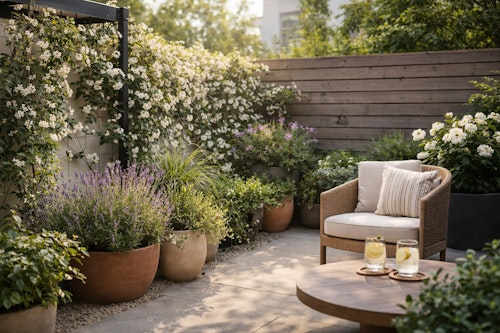 A small patio garden with limited patio furniture and potted perennials filling the space.