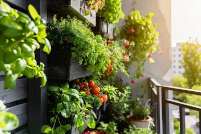 Balcony hosting a vertical edible plant holder full of tomatoes, berries and more.