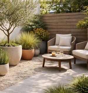 small space garden with a couple chairs and table surrounded by potted mediterranean inspired plants and olive tree.