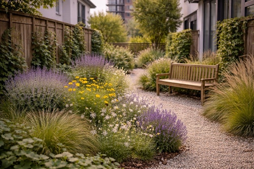 small space garden in a common area between two homes.