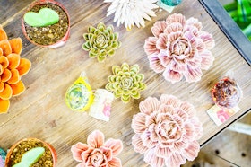 A wooden table with a variety of colorful ceramic flowers of varying sizes, and colorful glass birds, with hoya heart houseplants.