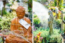 Two images: A Buddha statue, and an angel statue--both displayed at SummerWinds Nursey.