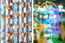 Two images: rain chains, and windchimes at SummerWinds Nursery.
