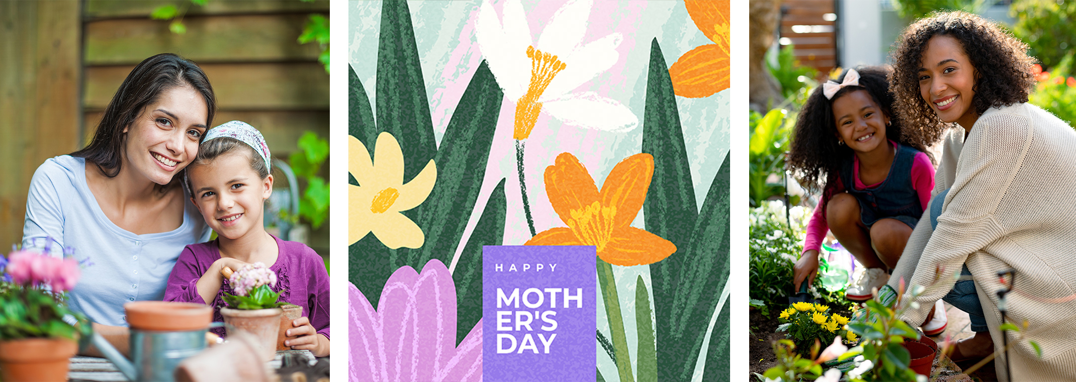 A Happy Mother's Day graphic with colorful flowers, and pictures of Mother's with Daughters to the left and right of the graphic.