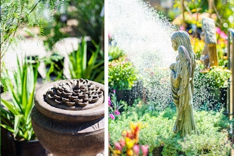 A flower-inspired stone bubbler fountain at SummerWinds Nursery, and an Angel statue surrounded by a variety of plants and flowers with an arc of water in the background at SummerWinds Nursery.