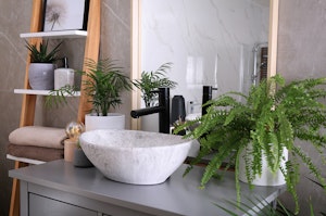 A biophilic bathroom sink counter with three plants, towels, and decor.