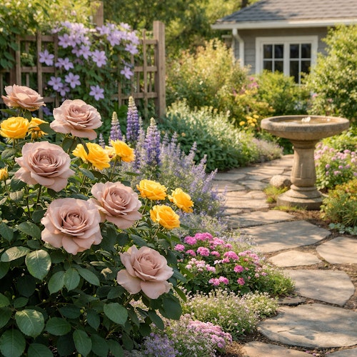 Cottage inspired garden with roses, clematis, creeping time, lupin in a flower bed next to walking path and bird bath near home.