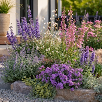 Big bloom energy perennials, like salvia, creeping thyme, guara in a landscape in front of a home.