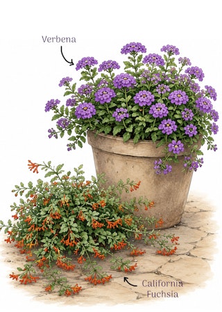 Plants with big bloom energy in spreading forms in plants such as verbena and california fuchsia.
