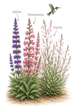 Plants with big bloom energy and offer tall upright forms illustration of penstemon, salvia and guara featuring a hummingbird.