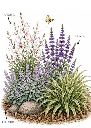 Plants with big bloom energy and show textural plants such as catmint, guara and salvia