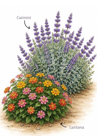 Plants with big bloom energy and show mounding plants such as catmint and lantana.