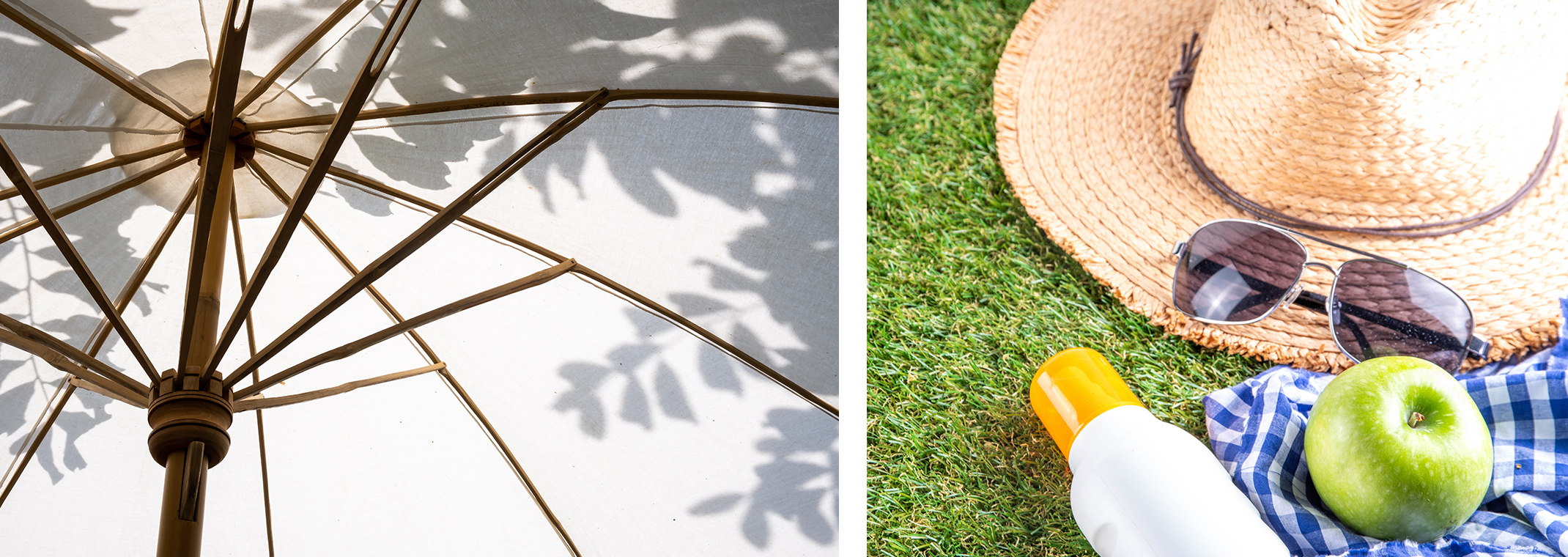 A closeup of a sun patio umbrella, and a closeup of a hat, sunglasses, sunscreen, a scarf, and an apple on a patch of lawn.
