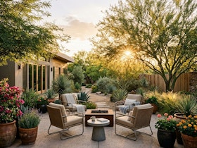 A backyard in the Southwest with a patio and seating, potted flowers, and native trees and shrubs at sunrise.