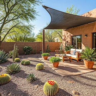 Desert backyard with spaced out desert-friendly plants, trees, a patio with seating and potted plants, and a sun shade.