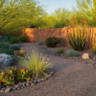 Sun creating shadows against adobe wall in garden with a variety of native plants and trees, and a pebble pathway.