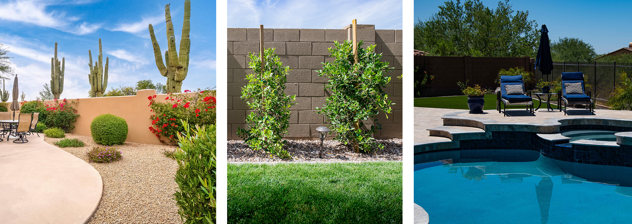 Three images: a patio with seating area, gravel, shrubs an adobe wall, shrubs growing against a cinderblock wall near a lawn, and a pool with multilayered decking, seating, potted plants, small lawn, trees, and two different types of fencing.