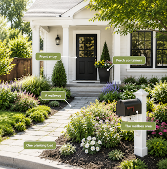 Curb appeal, determining which area you want to focus on which includes front entry, porch containers, walkway, mailbox or main bed.