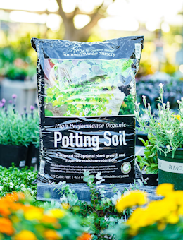 SummerWinds Nursery High Performance Organic Potting Soil surrounded by flowers at SummerWinds.
