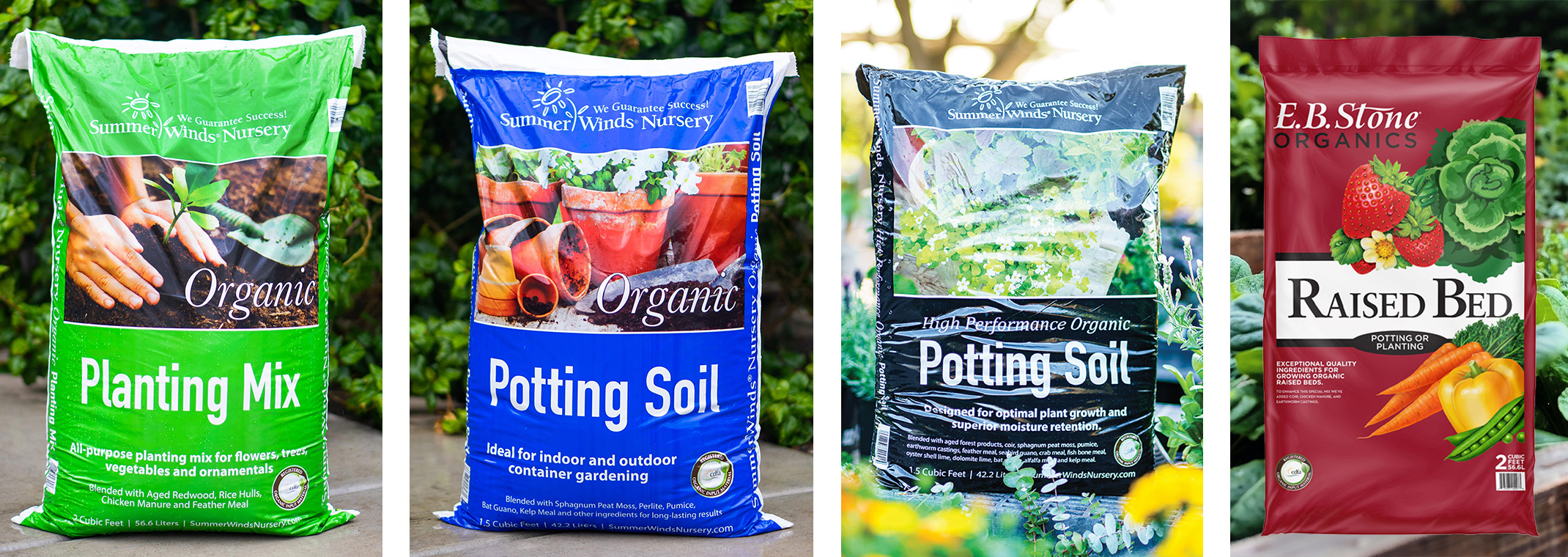 Top 4 Soils at SummerWinds Nursery: SummerWinds' Organic Planting Mix, SummerWinds' Organic Potting Soil, SummerWinds' High Performance Organic Potting Soil, and E.B. Stone Organics Raised Bed Potting or Planting Mix.
